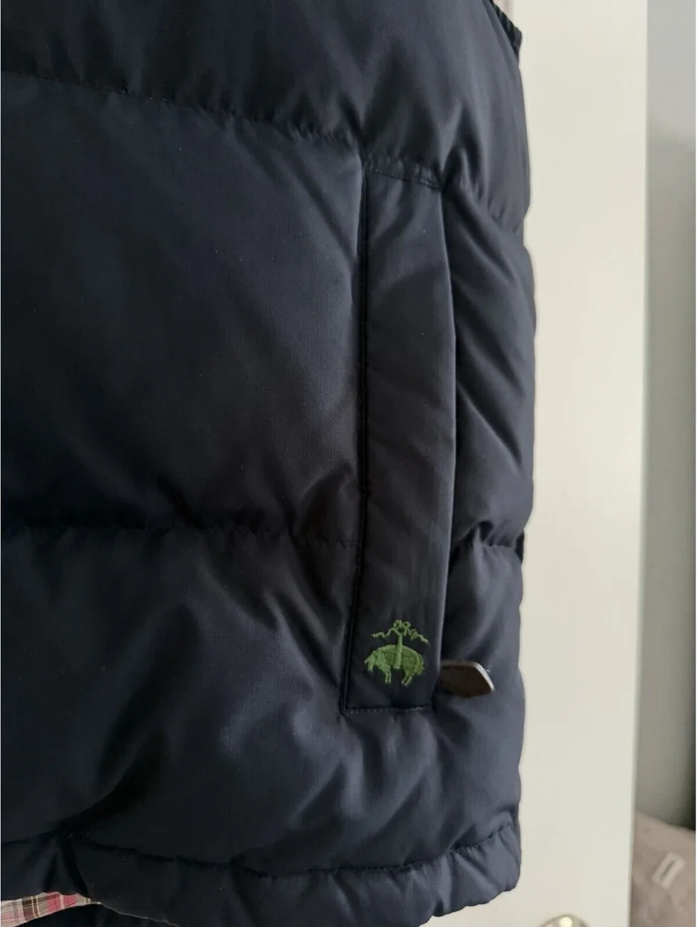 Brooks Brothers Down Puffer Vest Mens Large Navy Blue Plaid Lined Fleece Logo